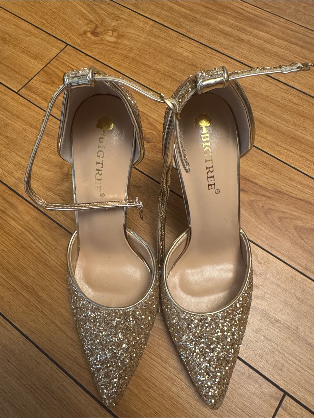 Big Tree Gold Glitter Pointed Toe Ankle Strap Heels